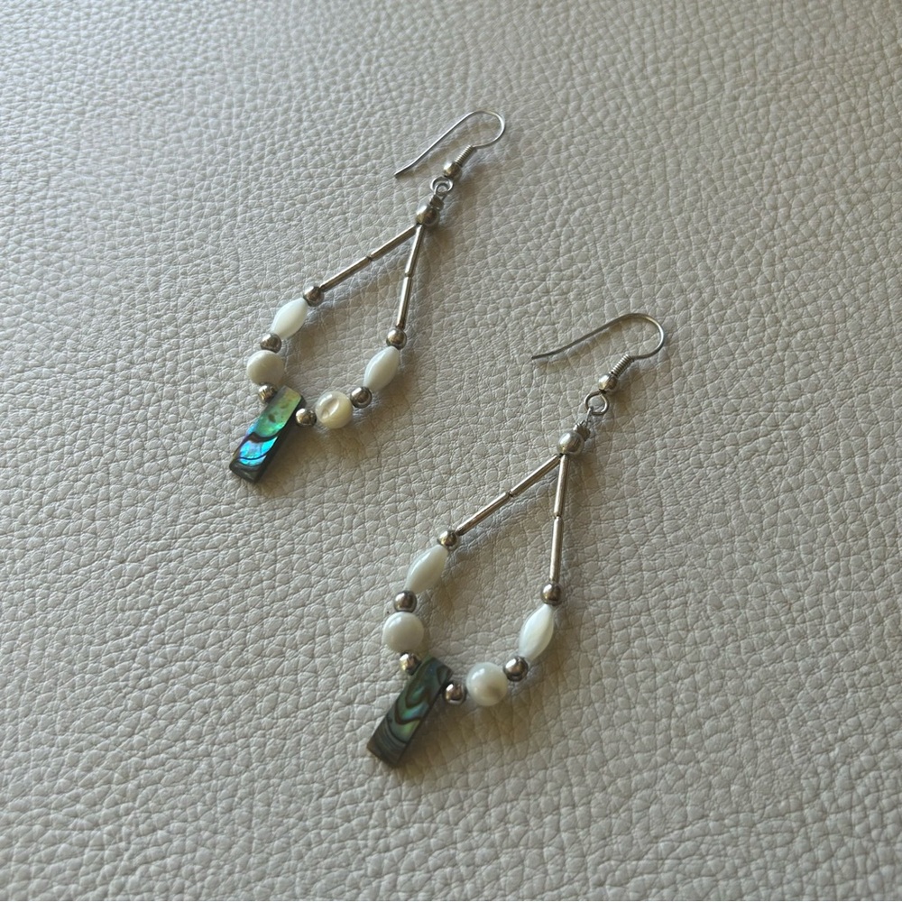 Boho Abalone Shell Silver and White Teardrop Dangling Earrings